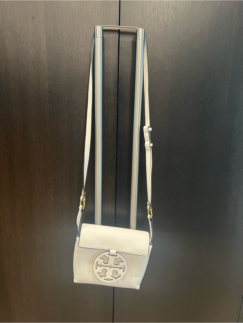 White Leather Crossbody Shoulder Bag with Logo Accent